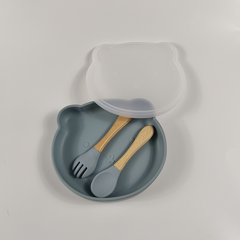 Oso de dibujos animados plato con cubierta de polvo plato de cena infantil bebé vajilla lechón comida complementaria infantil plato de cena de silicona