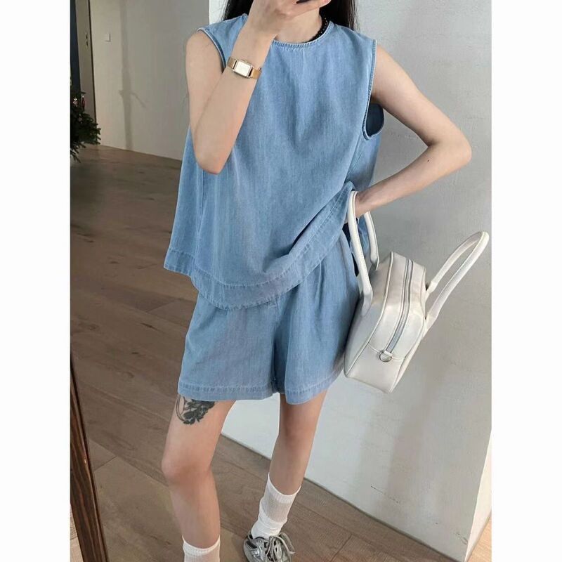 Hong Kong Style Vintage Denim Sleeveless Vest suit Women's Summer Design Sense Hollow Out Hot Girl Top High Waist Straight Shorts