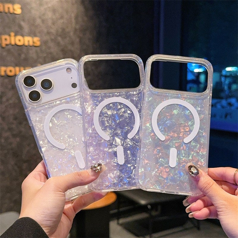 Suitable for Apple 17 Phone Case, Shell Pattern 17Promax, Colorful Glitter Magnetic Case, 17Pro Anti-Drop Protective Cover