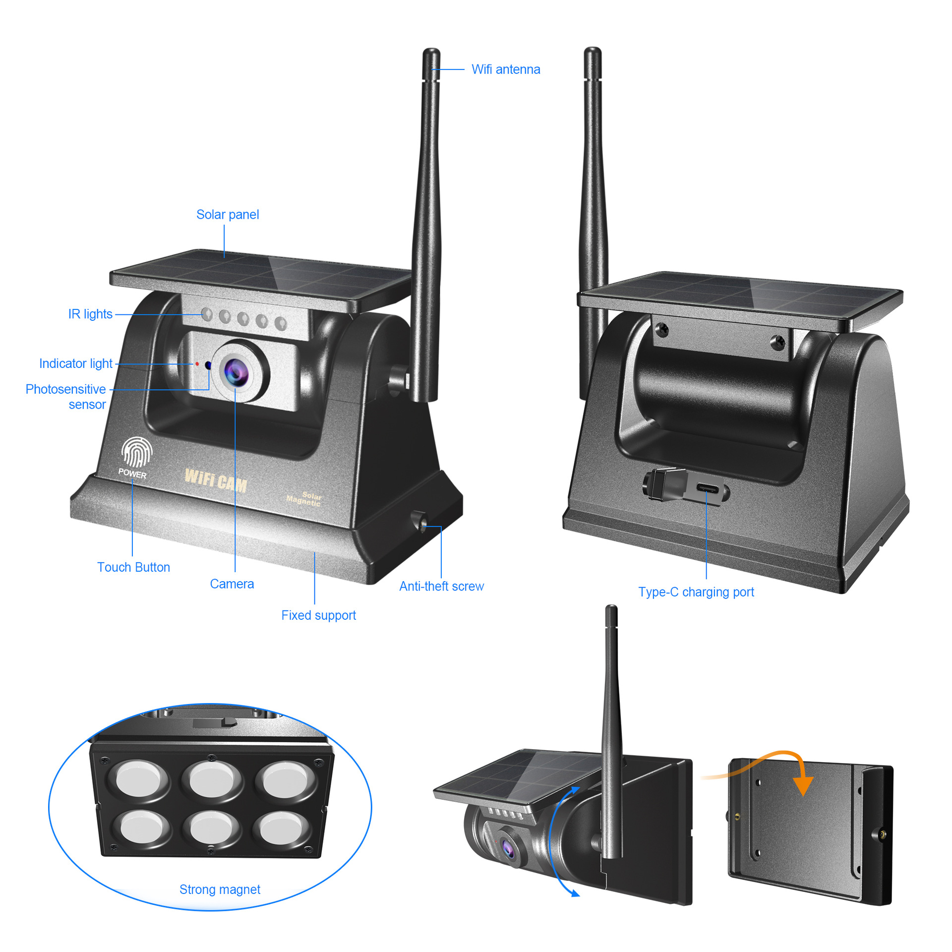 Cross-Border Trailer Waterproof Magnetic Reversing High-Definition 1080/720P Solar Wireless Wifi Car Camera