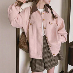 韩系粉色短外套女2025新款秋冬季学院风翻领独特别致开衫夹克百搭