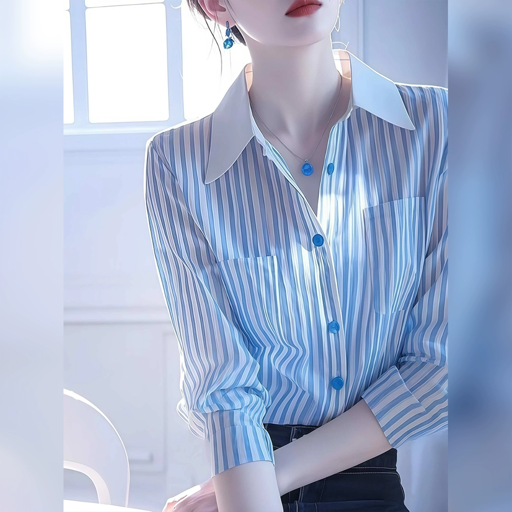 Синяя полосатая рубашка женская рубашка 2025 новая модель открыта весной