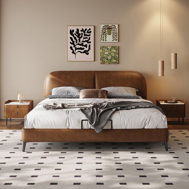 Francés retro cama de cuero genuino cera de aceite chino antiguo estilo cama doble dormitorio principal cama 1,8 m de gama alta atmosférica cama de cuero cama de la boda