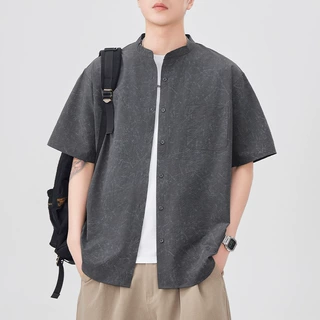 美式复古短袖衬衫男士2025夏季新款宽松休闲立领衬衣潮牌男高级感