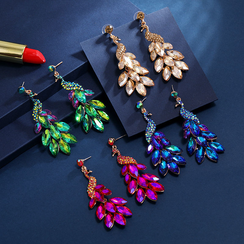 1 Pair Ethnic Style Peacock Rhinestone Metal Drop Earrings display picture 1