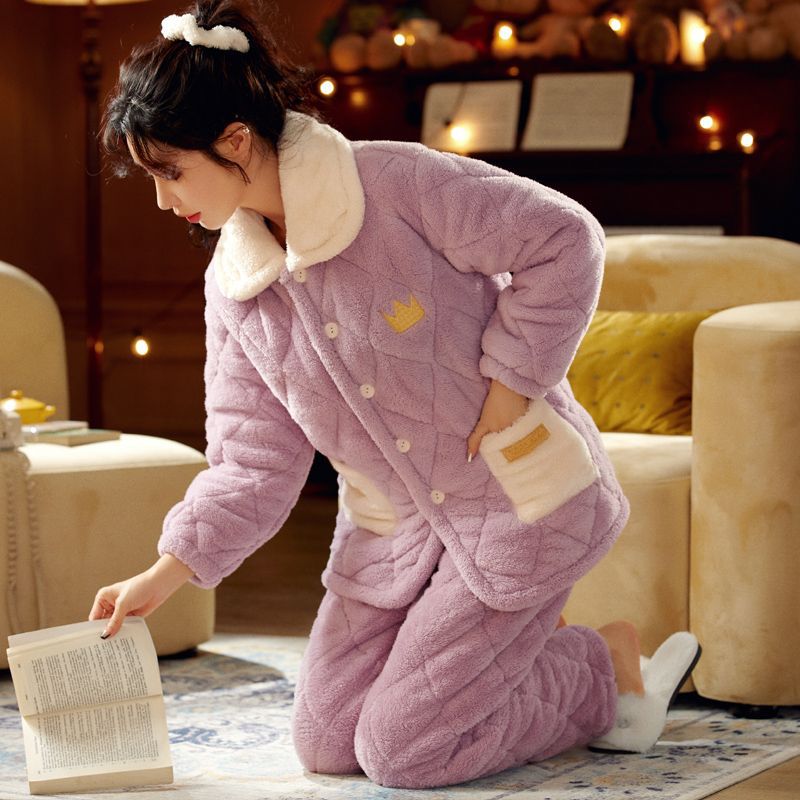 加厚三层夹棉珊瑚绒睡衣女冬款冬季法兰绒加绒保暖冬天套装家居服