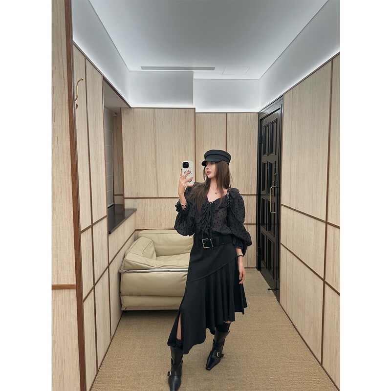 NanaByNana【浪漫波卡尔】黑色荷叶边雪纺衬衫女夏波点泡泡袖上衣|undefined