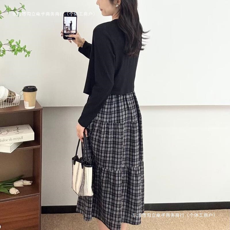 复古赫本风格子连衣裙套装女2025新款秋装针织衫吊带裙两件套|undefined