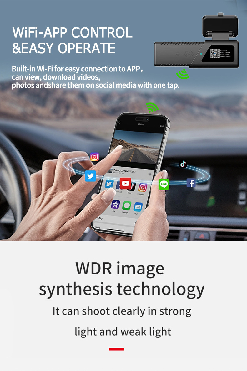 Hot-Selling Foreign Trade Model 1080P Mobile Phone Wifi-Connected High-Definition Dash Cam with 24H Parking Monitoring