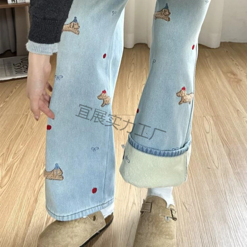 腊肠狗刺绣牛仔裤女秋冬加绒大码胖设计感高腰宽松显瘦阔腿长裤