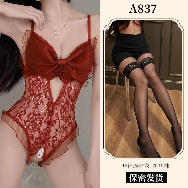 [레드] 보우 오픈 점프수트 + 레이스 양말