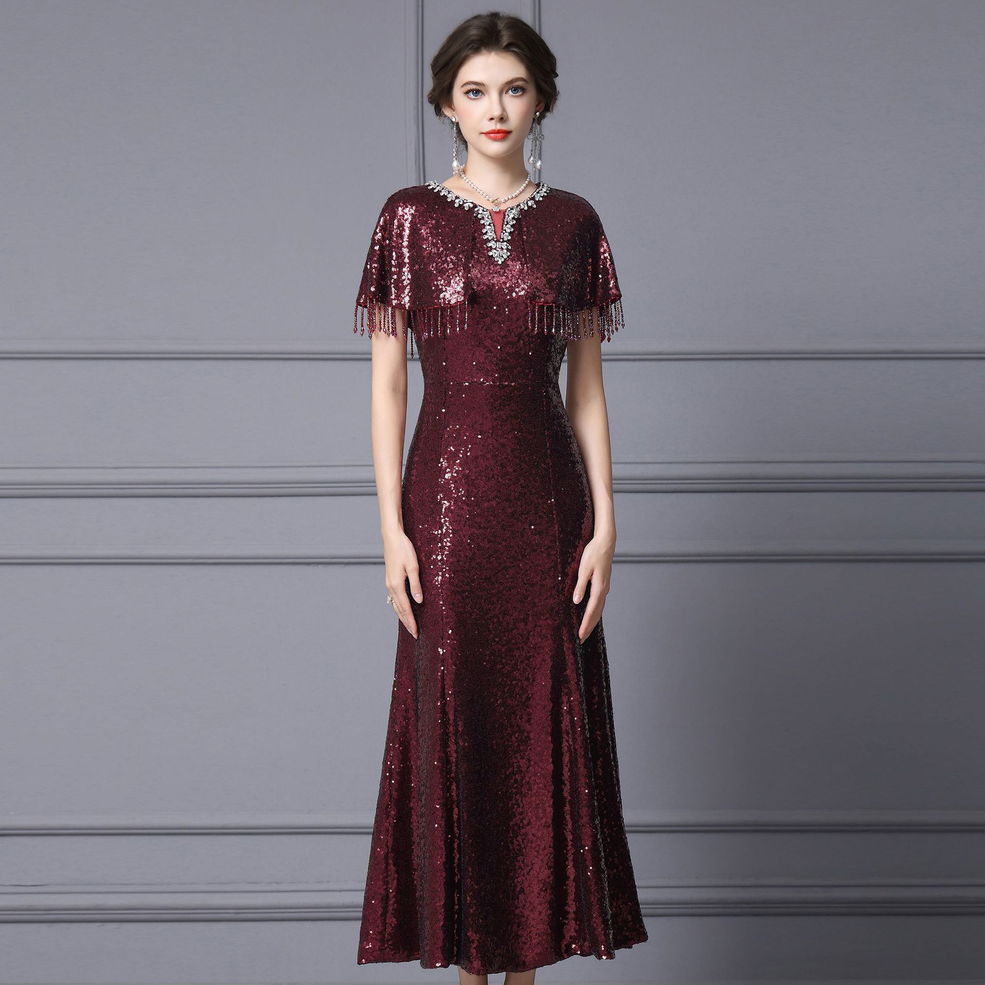 Zhili Formal Occasion Elegant Dress 2026 Summer New Style Burgundy Sequined Fishtail Long Light Dress
