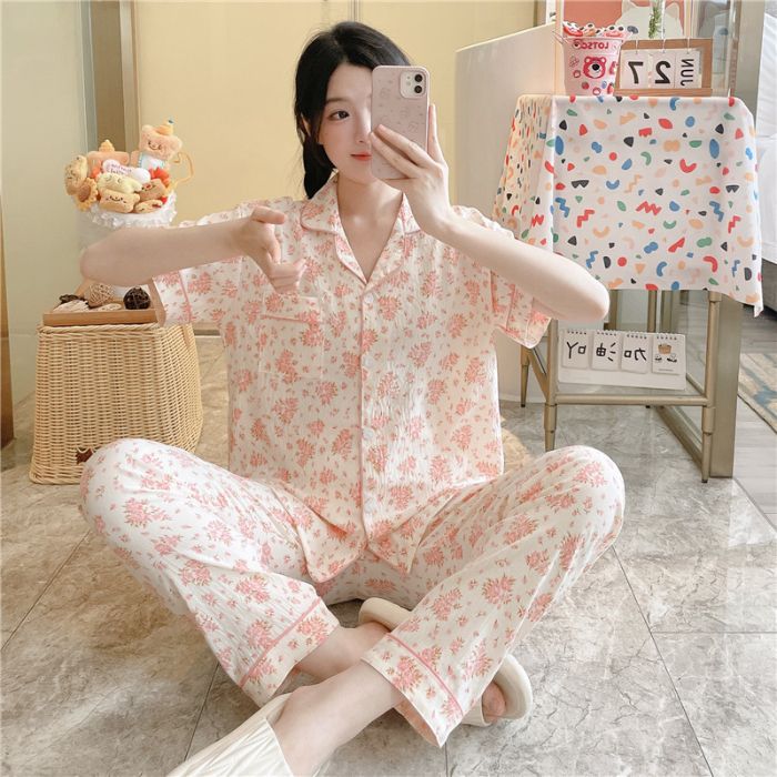Pijamas transfronterizos al por mayor para mujer nube algodón otoño verano rebeca solapa pantalones de manga corta traje de servicio a domicilio simple y cómodo