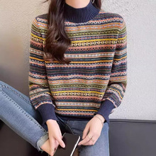 复古半高领条纹毛衣春秋新款减龄设计感针织打底衫外贸跨境通勤