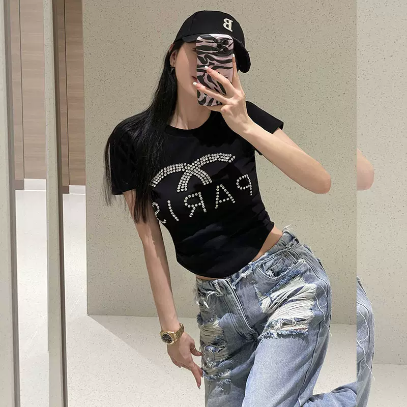 3066钉钻小香短袖修身字母钉珠高贵上档次女装T恤37