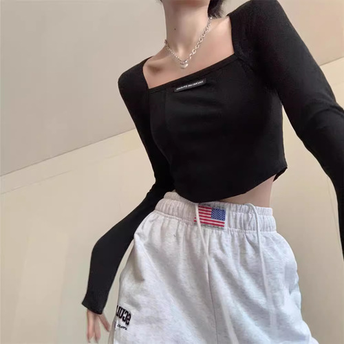 Women's Sweet and Spicy Style Long-Sleeve T-Shirt with American Fishbone Noodle Collarbone Design Fitted Short-Sleeve Top