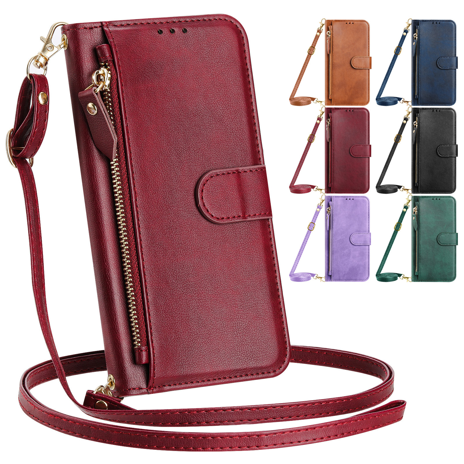 适用iPhone16多卡皮套15plus拉链钱包插卡多功能斜跨保护套14plus