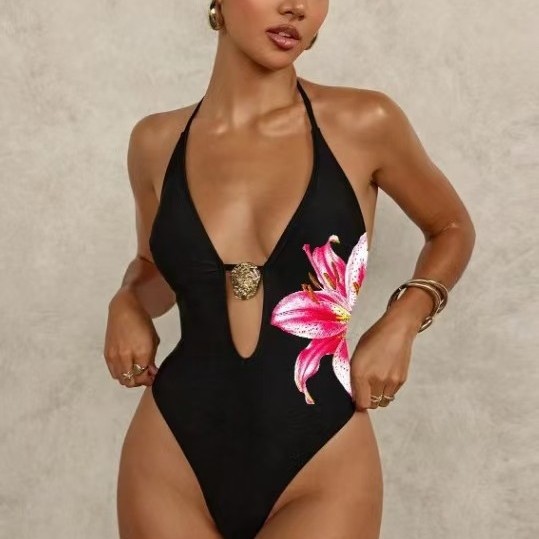 跨境连体印花性感沙滩比基尼深v度假连体泳衣挂脖吊带紧身泳装女