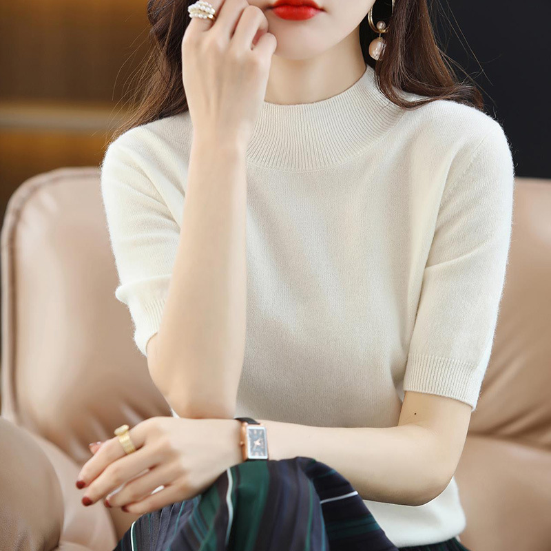 鄂尔多市春秋半高领五分袖羊毛针织衫女毛衣中袖薄打底衫|undefined