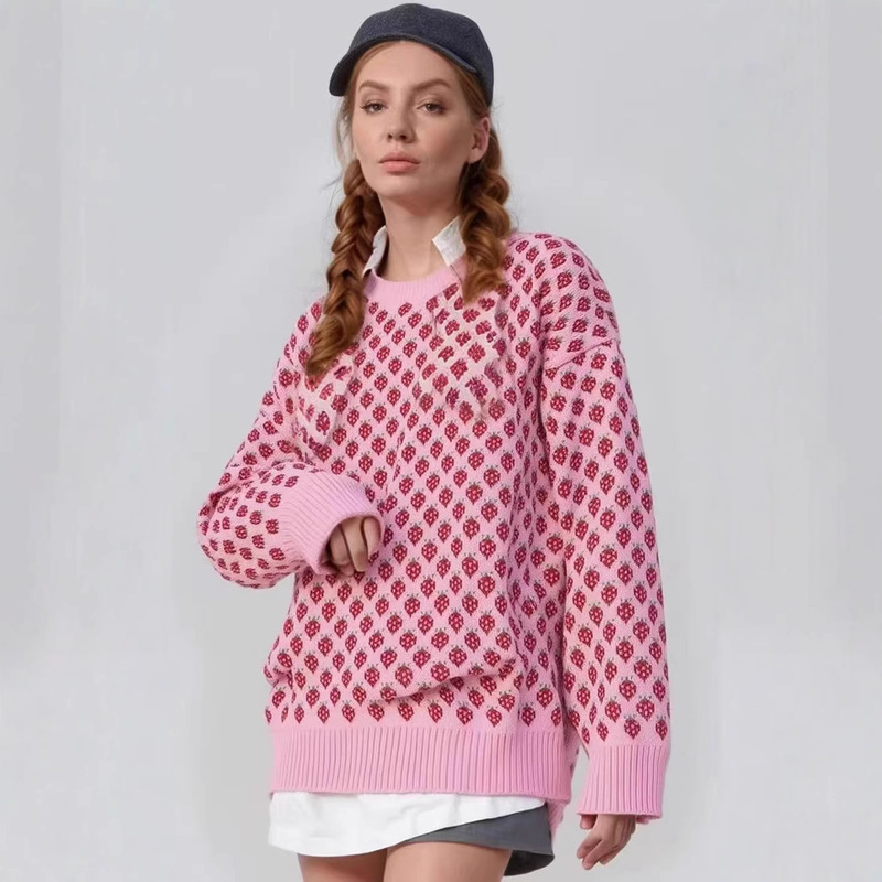 Cross-Border Strawberry Jacquard Knitwear European and American 2025 Autumn and Winter New Round Neck Pullover Knitwear Loose Printed Knitwear for Women