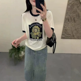 轻奢气质向日葵天丝短袖针织衫女夏季宽松薄款拼色冰丝T恤半袖