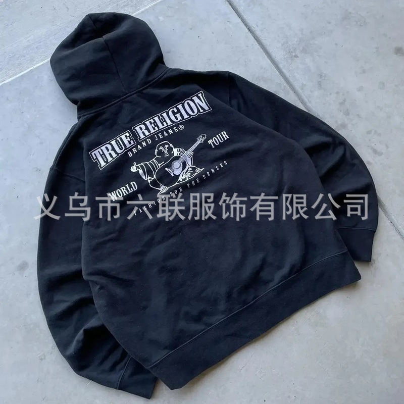跨境欧美潮牌TRUE RELIGION图案印花卫衣男女同款宽松百搭连帽衫|undefined