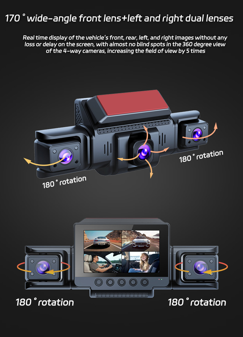 3.0inch Wifi Camera with 4 Lenses, 4 Simultaneous Recording and Display, 1080P Wifi Hidden High-Definition Dash Cam