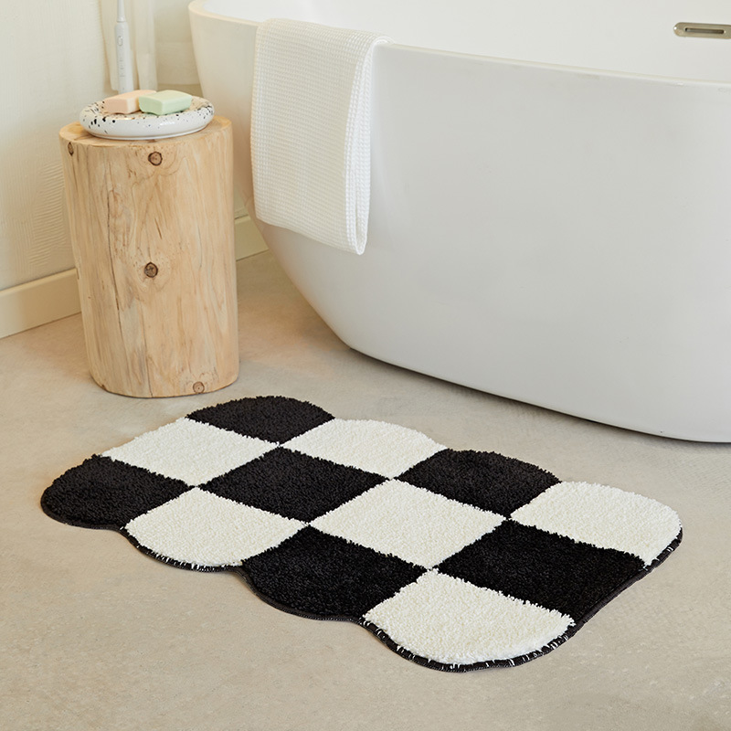 Simple Checkerboard Flocking Mat Toilet Bathroom Bathtub Water Absorbent Non-slip Foot Mat Toilet Bedroom Shaped Carpet