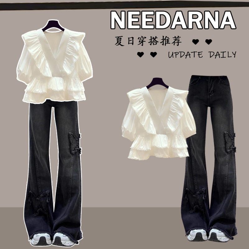 Denim suit# French Sweet Ruffled Stitching V-Neck Shirt with Butterfly Embroidered Rouge Slim Flared Pants