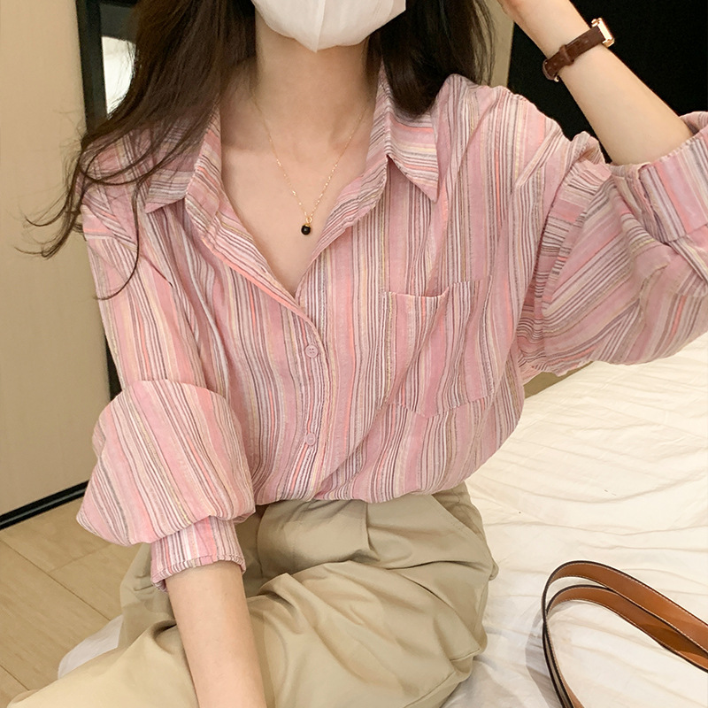 アメリカのレトロなピンクの長袖のストライプのシャツの女性の春と秋の日焼け止めのコート|undefined