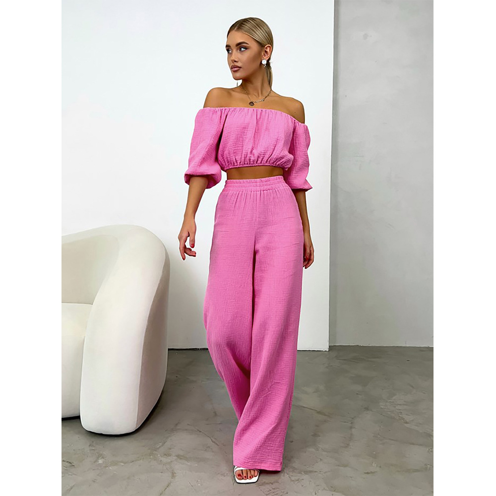 Dames pantalon set met off shoulder top en rechte broek_voghion.com