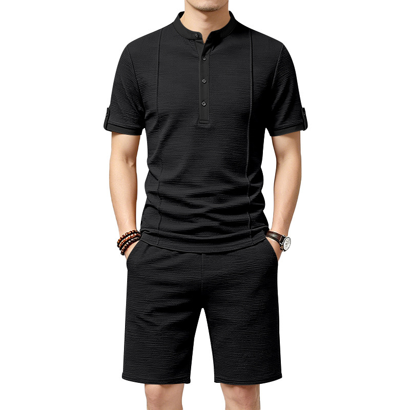 Men's Casual Henley Short Sleeve T-Shirt And Shorts Set Comfort-Focused Polyester Design for Summer_viptrois.com