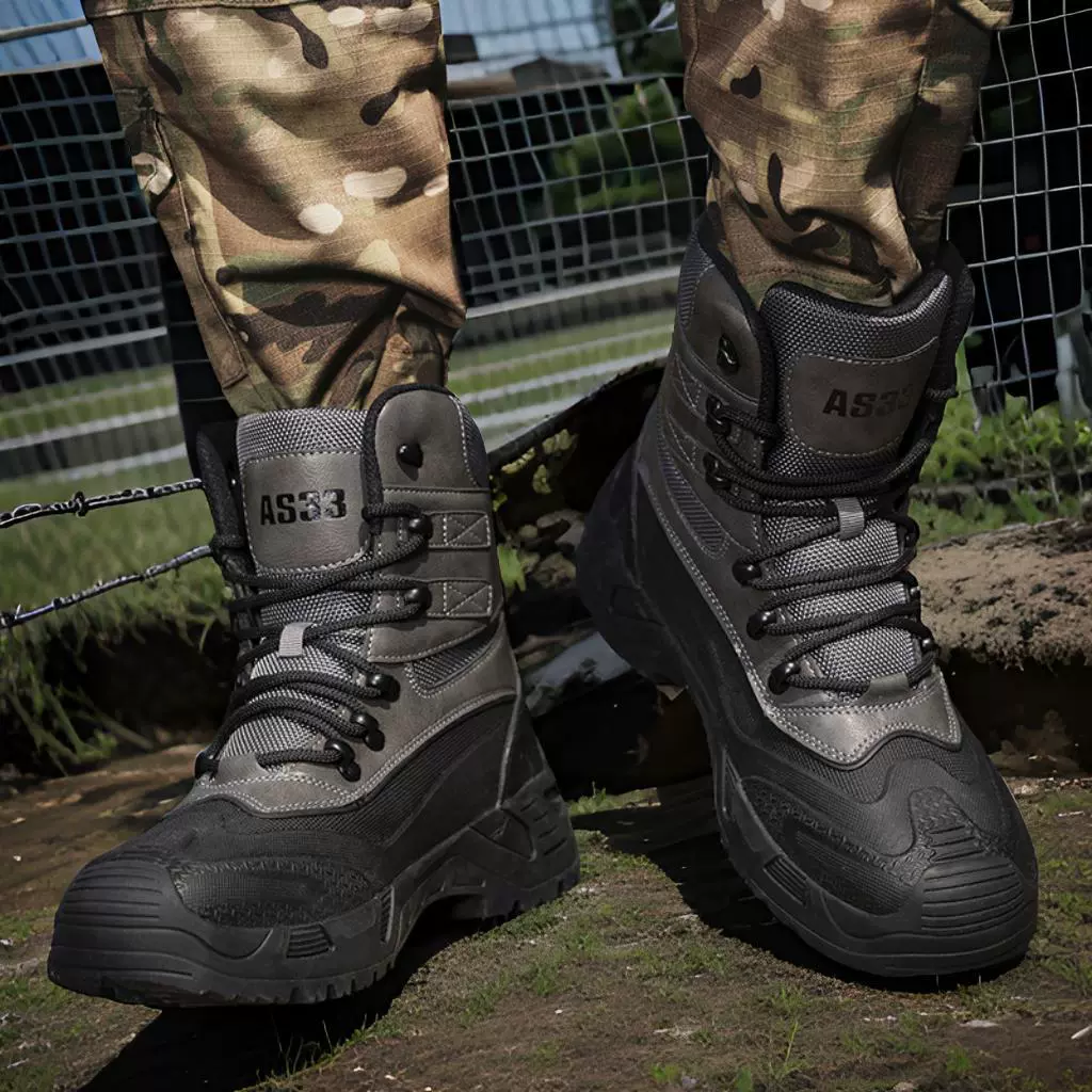 Off‑road tactical boots, reinforced upper, deep‑tread outsole, sizes 39–47