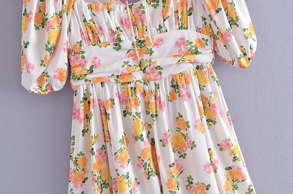 Floral Print Puff Sleeve Backless A-Line Dress NSXDX117350