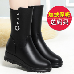 Women's Mid-Calf Boots for Autumn/Winter with Fleece Lining, Leather Flat Cotton Boots, Warm Cotton Boots for Middle-Aged Women, Mother's Boots, Mid-Boots