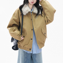 2025秋冬新款工装风毛领棉衣女宽松保暖卡其色短款外套网红潮牌