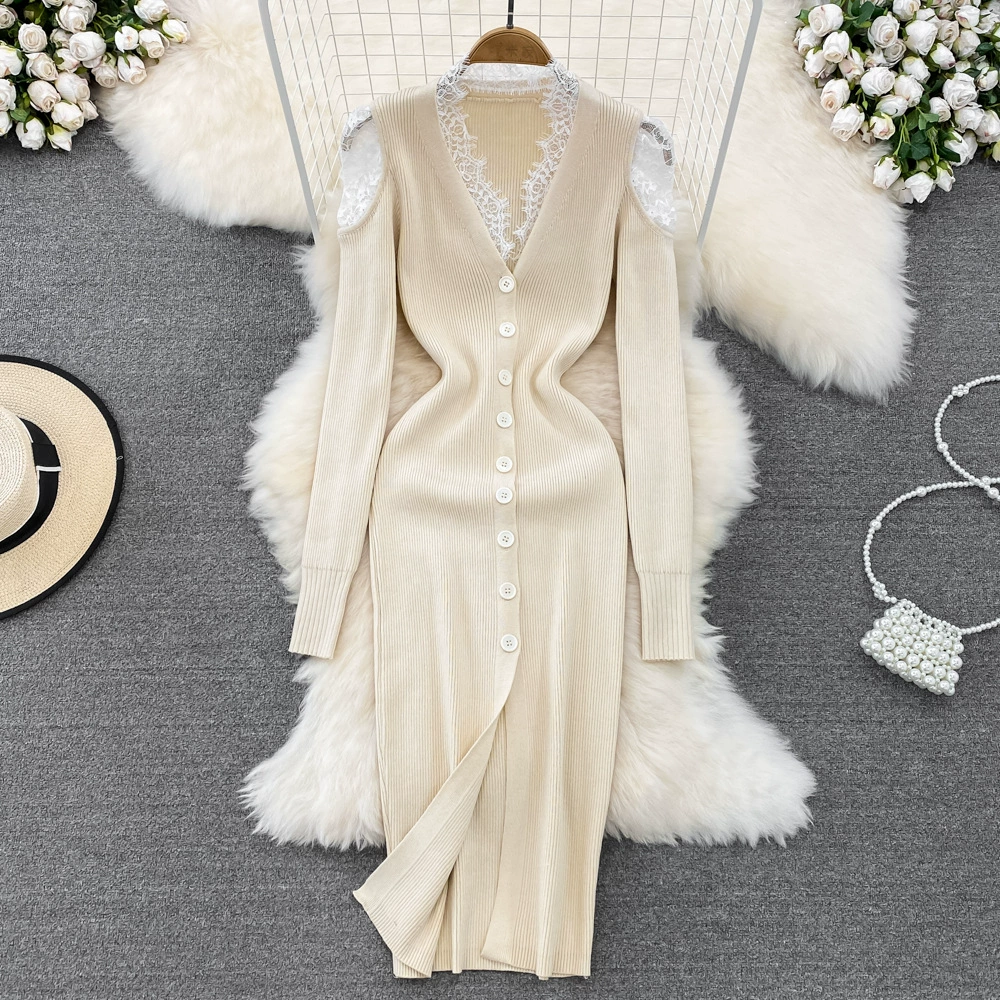 Французский ретро темперамент с V-образным вырезом кружевное трикотажное платье женский 2024 осень и зима свитер с нижней юбкой бедра