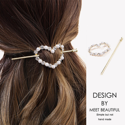 韓國ins金屬發簪镂空愛心珍珠簪子 優雅水鑽發卡盤發頂夾發飾品女