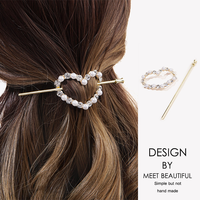 韓國ins金屬發簪镂空愛心珍珠簪子 優雅水鑽發卡盤發頂夾發飾品女