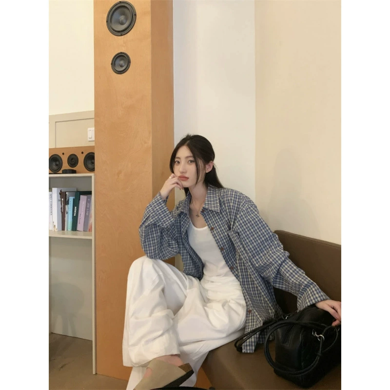 Ретро свободная рубашка в клетку в стиле ленивого шика для женщин, ранняя осень, новый корейский стиль, повседневная простая рубашка с длинным рукавом для офиса и повседневной носки