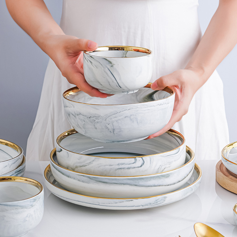 Nordic Gold-Edged Marble Bowl and Plate Set for Home Use, Trendy Ceramic Bowl and Plate Tableware Set, Rice Bowl, Soup and Vegetable Plate