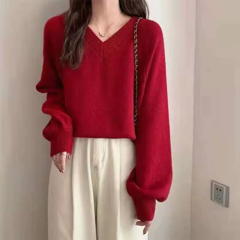 Однотонный вязаный свитер, корейский стиль, V-образный вырез, puff sleeves