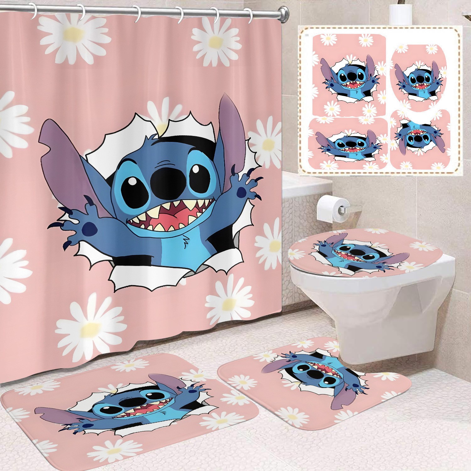 Venta directa de fábrica lindo baño de dibujos animados de cuatro piezas cortina de ducha impermeable cortina de ducha sin perforación cortina de partición de baño de baño