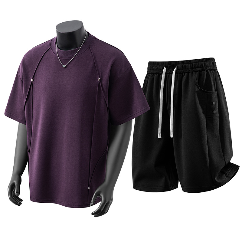 Men's Short Sleeved Suit Cleanfit Crew Neck T-Shirt High Street Patchwork 3D Studs Premium Feel_viptrois.com