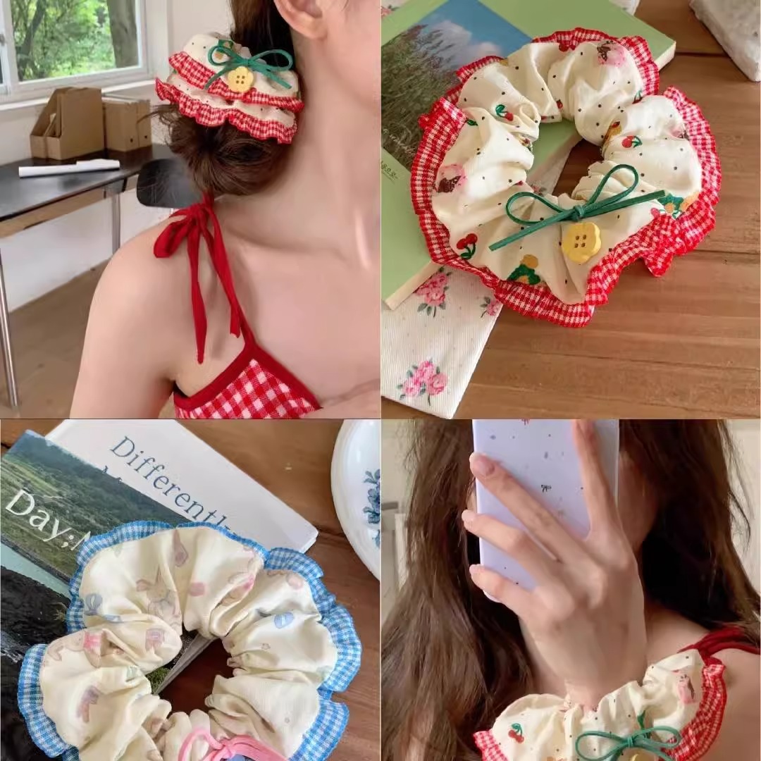 Bonito oso conejo de encaje a cuadrícula anillo de cabello de intestino grande de la niña corazón arco tela cabello correa cuerda de cabeza