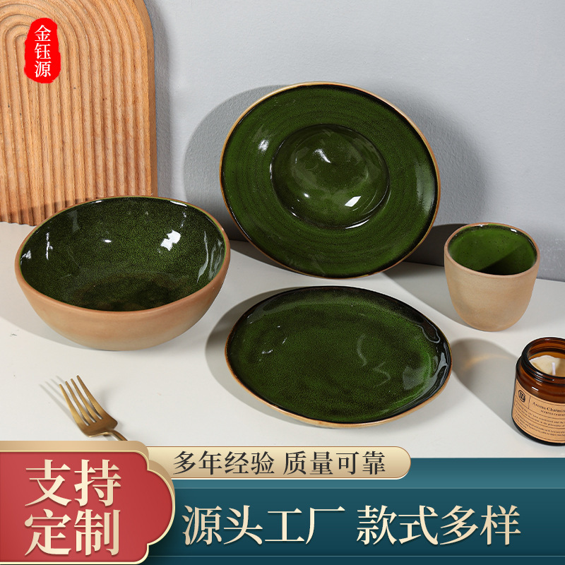 Ceramic Tableware Special-Shaped Oval Plate Olive Green Retro Home Restaurant High-End Presentation Steamed Fish Plate Rice Bowl Dish Plate Ceramic Tableware Special-Shaped Oval Plate Olive Green Retro Home Restaurant High-End Presentation Steamed Fish Plate Rice Bowl Dish Plate