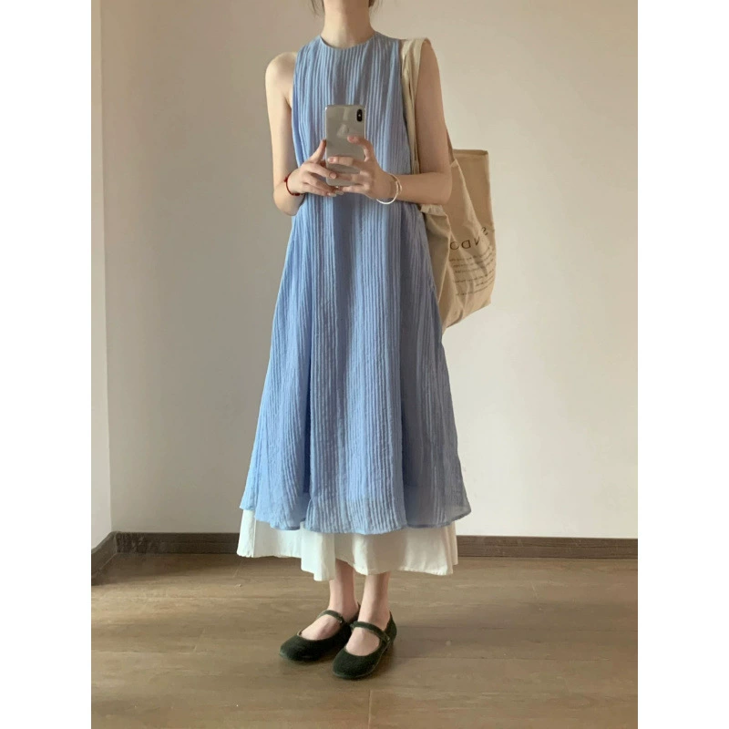 Нежное элегантное синее платье-жилет без рукавов для женщин, лето 2025, новая текстура, свободный кэжуал, длинная юбка