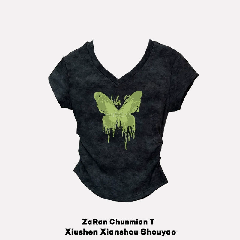 Летняя футболка из чистого хлопка с V-образным вырезом и короткими рукавами в американском стиле, модный облегающий новый утягивающий топ со сборками для женщин.