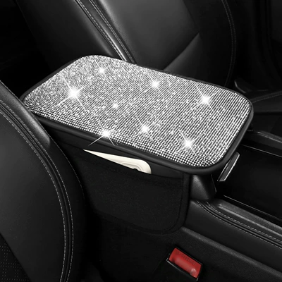 TikTok, Shein, Amazon style — Armrest box pad - silver-rhinestone-embellished-with-storage-bag