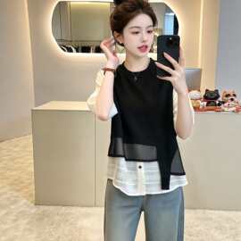 法式假两件拼接短袖衬衫女夏季新款宽松显瘦百搭设计感上衣A11713